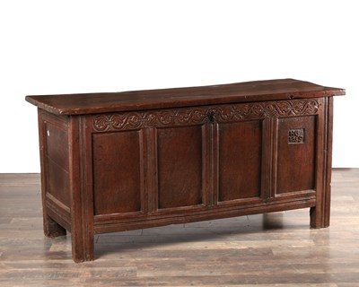 Lot 1563 - A 17TH CENTURY ENGLISH OAK COFFER INITIALLED HG AND DATED 1659