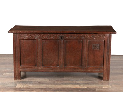 Lot 1563 - A 17TH CENTURY ENGLISH OAK COFFER INITIALLED HG AND DATED 1659