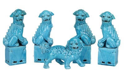 Lot 649 - A COLLECTION OF FIVE 20TH CENTURY CHINESE TURQUOISE GLAZED CERAMIC BUDDHIST LIONS