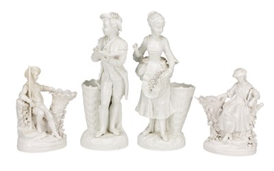 Lot 693 - TWO PAIRS OF MEISSEN STYLE WHITE GLAZED PORCELAIN SPILL VASE FIGURE GROUPS