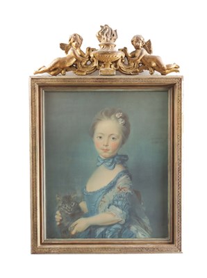 Lot 934 - AFTER JEAN BAPTISTE PERRONNEAU A COLOURED PRINT 'GIRL WITH KITTEN'