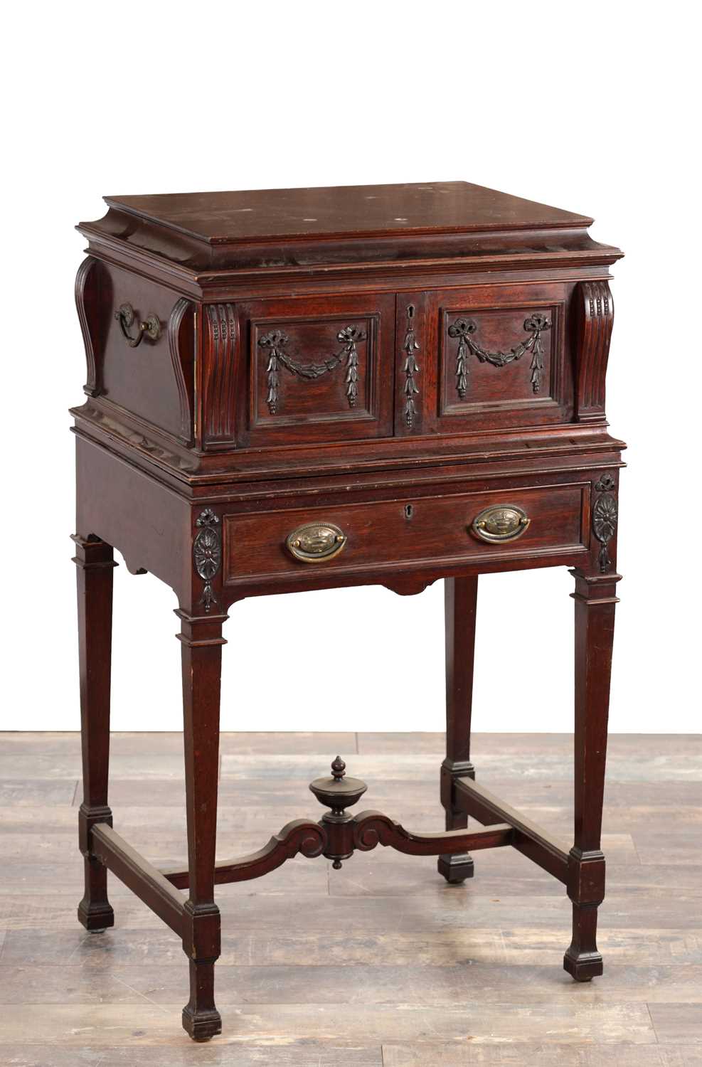 Lot 1590 - AN EDWARDIAN ADAM STYLE MAHOGANY CUTLERY CABINET ON STAND