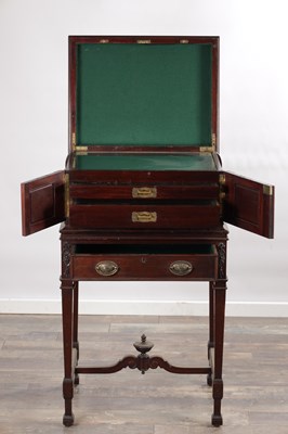 Lot 1590 - AN EDWARDIAN ADAM STYLE MAHOGANY CUTLERY CABINET ON STAND