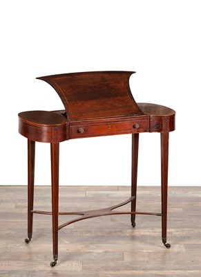 Lot 1521 - AN UNUSUAL LATE GEORGIAN FIGURED ROSEWOOD AND BOXWOOD INLAID WRITING DESK IN THE MANNER OF GILLOWS