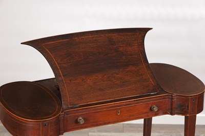 Lot 1521 - AN UNUSUAL LATE GEORGIAN FIGURED ROSEWOOD AND BOXWOOD INLAID WRITING DESK IN THE MANNER OF GILLOWS