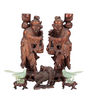 Lot 778 - A COLLECTION OF CHINESE CARVED HARDWOOD FIGURES AND JADE BIRDS