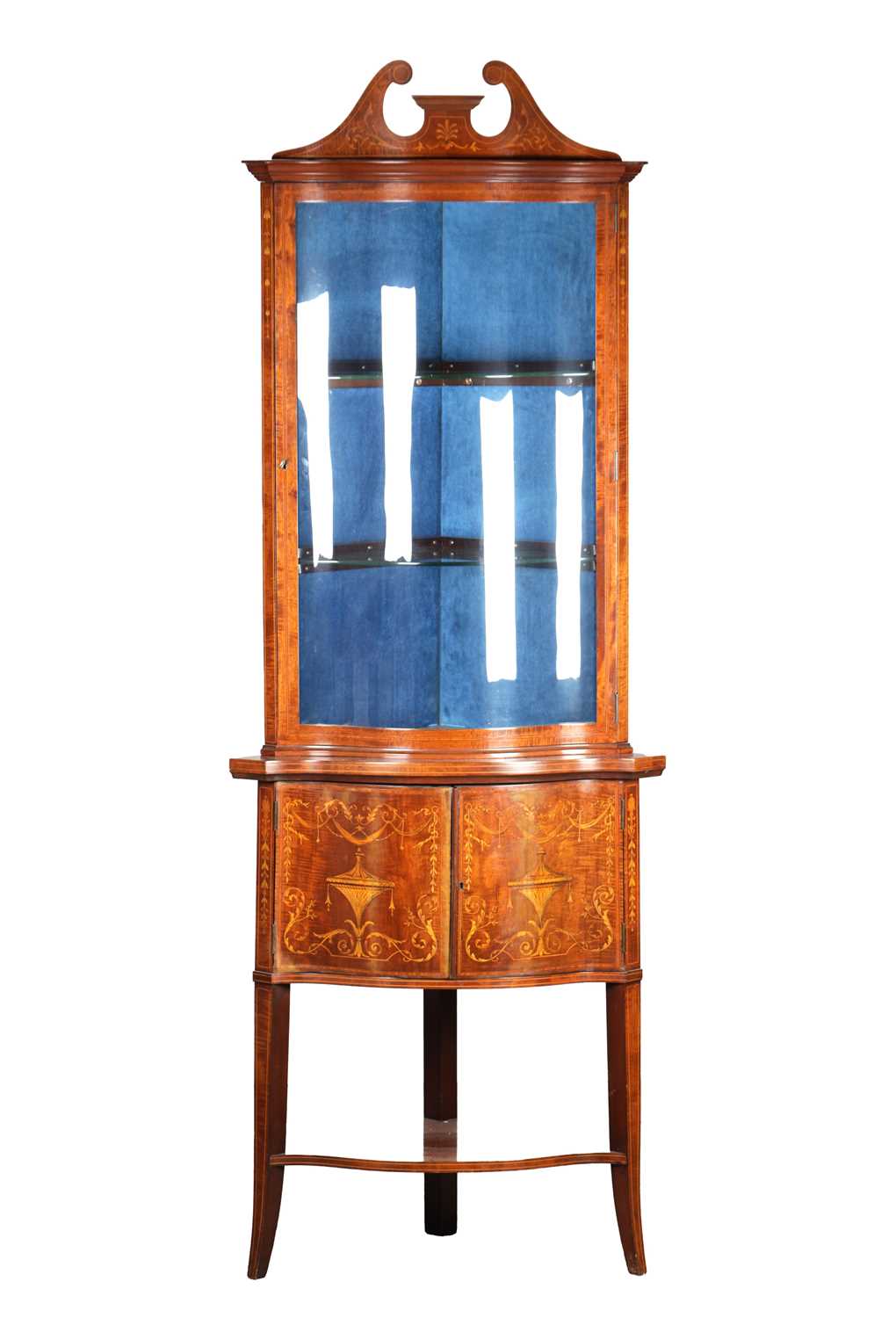 Lot 1529 - AN EDWARDIAN MAHOGANY MARQUETRY INLAID CORNER DISPLAY CABINET