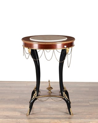 Lot 1640 - A LATE 19TH CENTURY FRENCH MAHOGANY AND EBONISED ORMOLU MOUNTED CENTRE TABLE WITH WHITE MARBLE INSET TOP