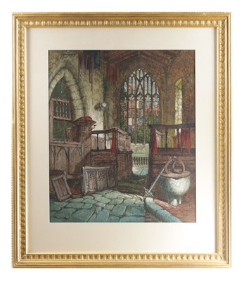 Lot 915 - MARGARET RAYNER BRITISH (1837 - 1891) A WATERCOLOUR OF A CHURCH INTERIOR WITH PULPIT AND FONT