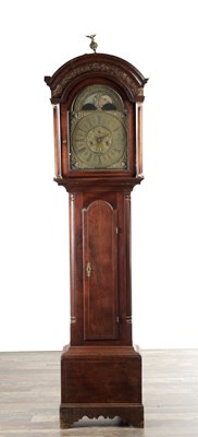Lot 1311 - JOHN SCHOFIELD (MANCHESTER) A MID 18TH CENTURY WALNUT EIGHT DAY LONGCASE CLOCK WITH BRASS DIAL AND ROLLING MOON