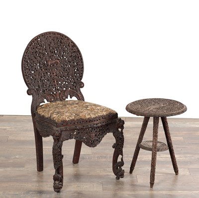 Lot 828 - A 19TH CENTURY ANGLO INDIAN CARVED HARDWOOD CHAIR AND MATCHING TABLE