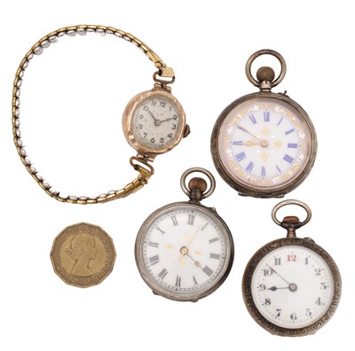 Lot 403 - A COLLECTION OF SILVER AND 9CT GOLD WATCHES AND A COIN