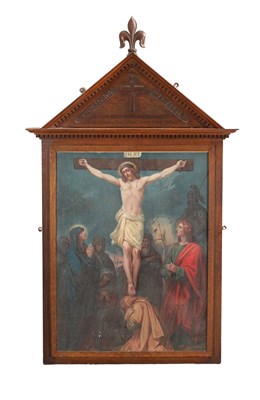 Lot 1149 - A 19TH CENTURY FLEMISH STATIONS OF THE CROSS LITHOGRAPH IN A CARVED OAK FRAME