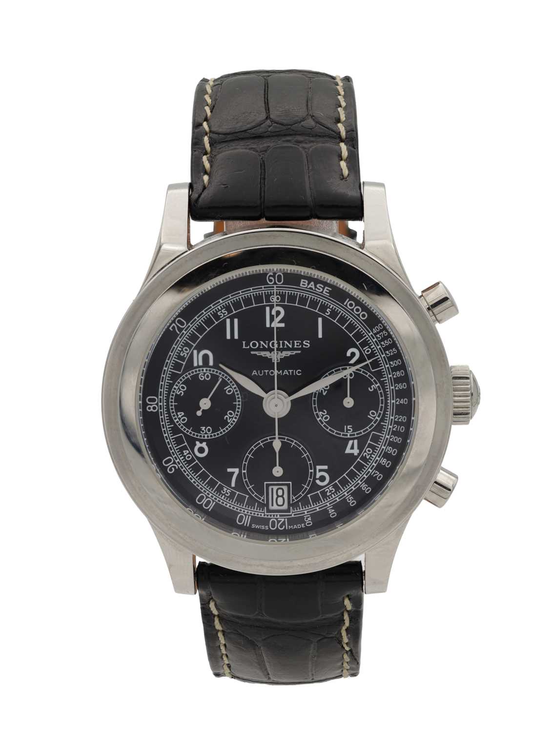 Lot 407 - A LONGINES HERITAGE STAINLESS STEEL AUTOMATIC CHRONOGRAPH WRISTWATCH