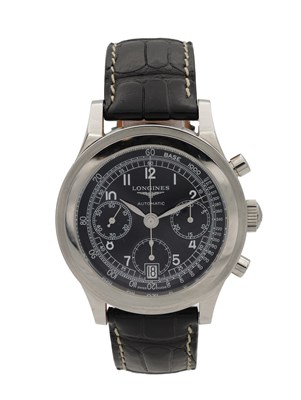 Lot 407 - A LONGINES HERITAGE STAINLESS STEEL AUTOMATIC CHRONOGRAPH WRISTWATCH