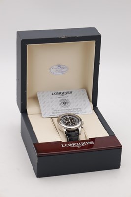 Lot 407 - A LONGINES HERITAGE STAINLESS STEEL AUTOMATIC CHRONOGRAPH WRISTWATCH