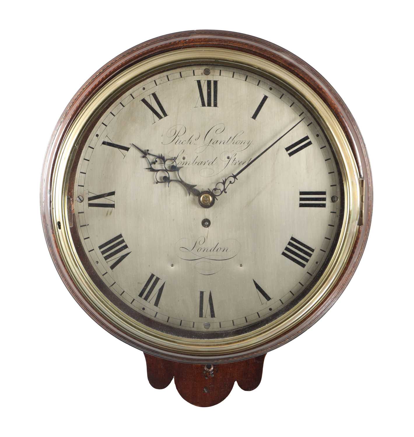 Lot 1310 - RICHARD GANTHONY, LOMBARD STREET, LONDON. A GEORGE III MAHOGANY SILVERED DIAL VERGE DIAL CLOCK