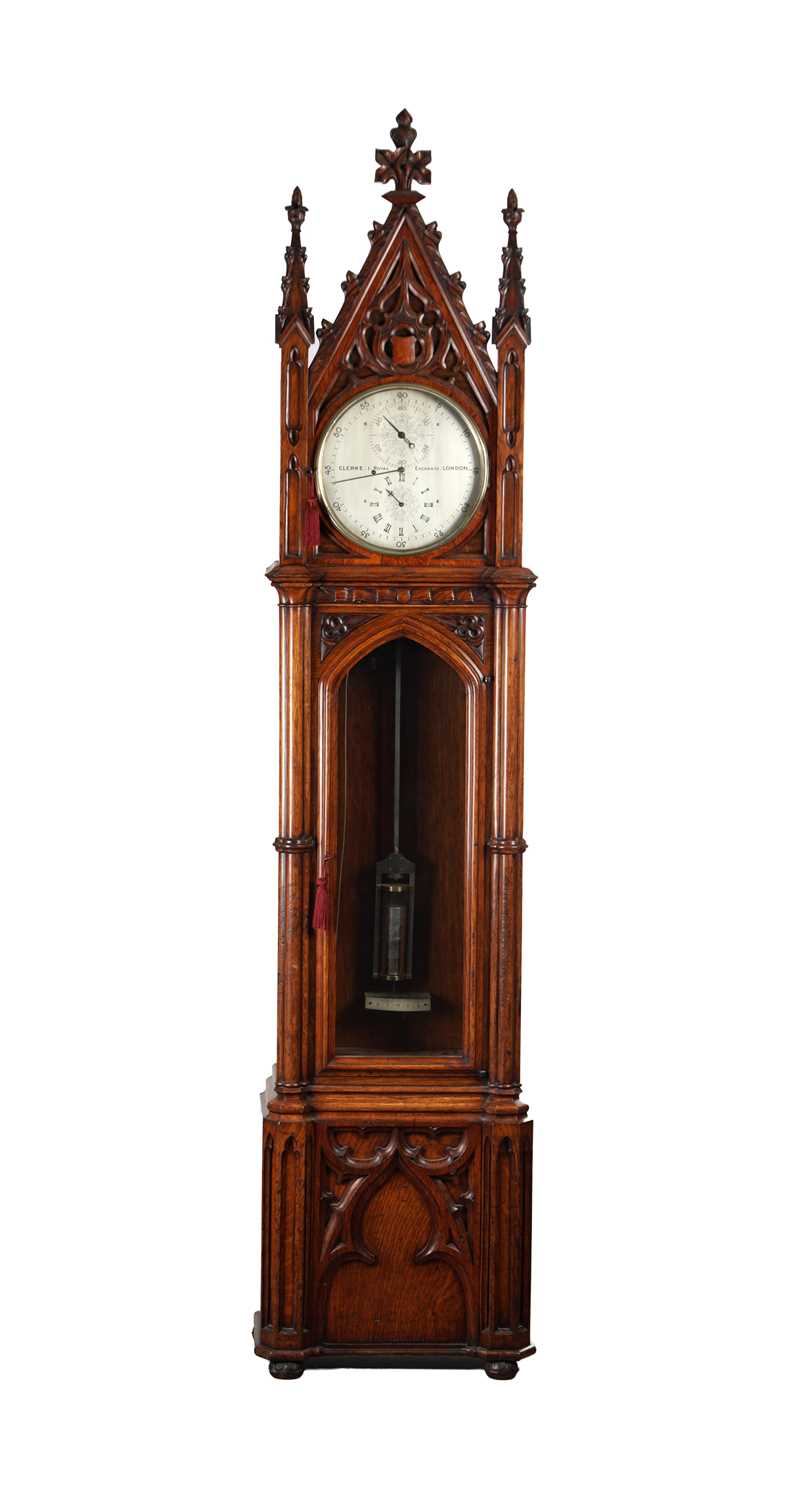 Lot CLERKE, 1 ROYAL EXCHANGE, LONDON. A FINE CARVED OAK GOTHIC STYLE REGULATOR LONGCASE CLOCK IN THE MANNER OF PUGIN