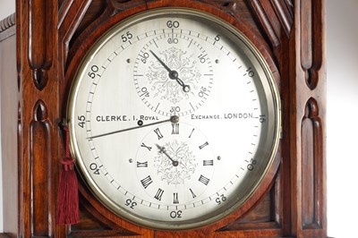Lot CLERKE, 1 ROYAL EXCHANGE, LONDON. A FINE CARVED OAK GOTHIC STYLE REGULATOR LONGCASE CLOCK IN THE MANNER OF PUGIN