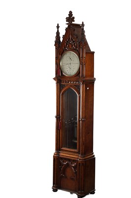 Lot CLERKE, 1 ROYAL EXCHANGE, LONDON. A FINE CARVED OAK GOTHIC STYLE REGULATOR LONGCASE CLOCK IN THE MANNER OF PUGIN