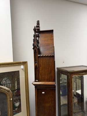 Lot CLERKE, 1 ROYAL EXCHANGE, LONDON. A FINE CARVED OAK GOTHIC STYLE REGULATOR LONGCASE CLOCK IN THE MANNER OF PUGIN