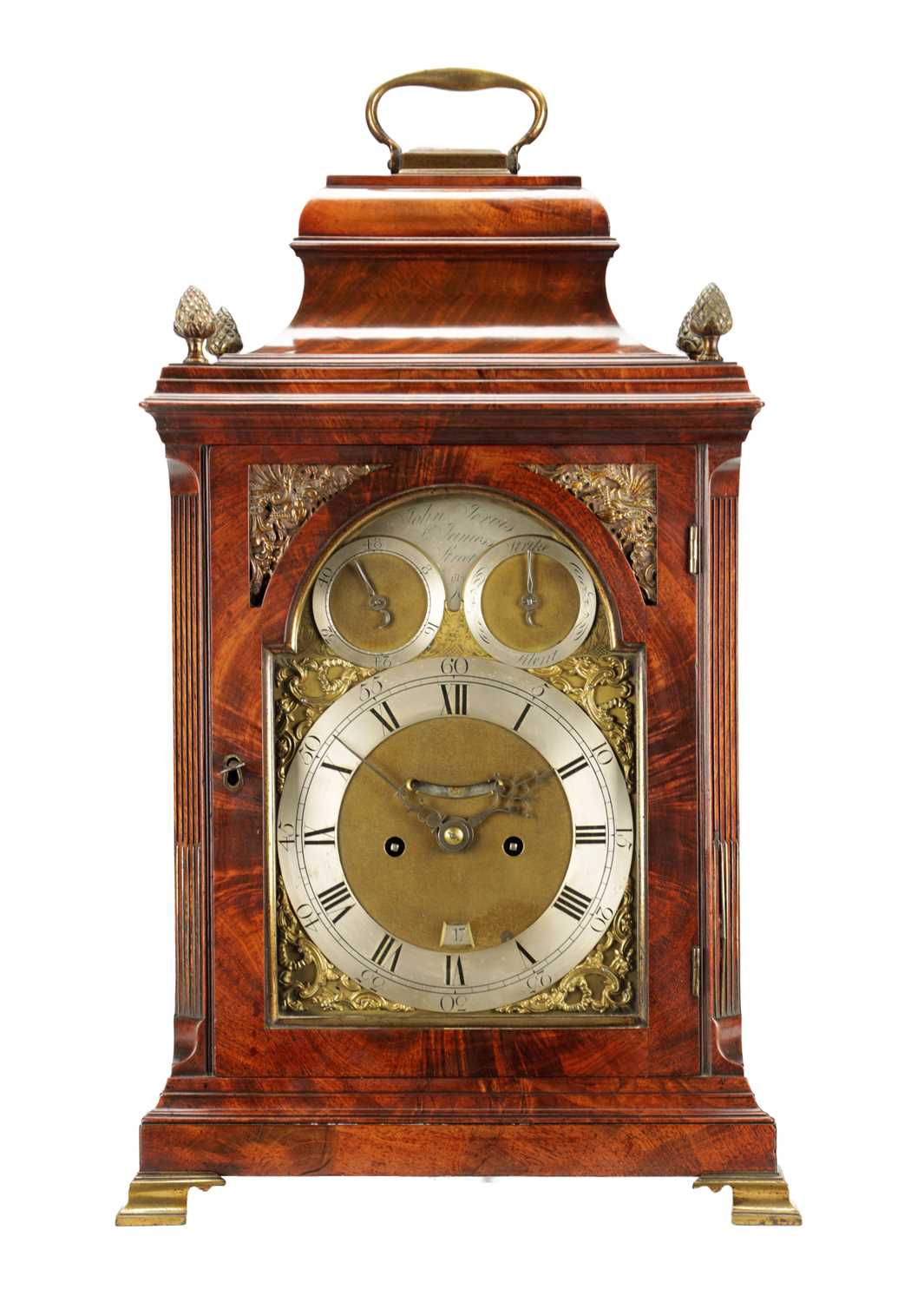 Lot 1187 - JOHN JARVIS, ST. JAMES STREET, LONDON. AN ENGLISH GEORGE III FLAMED MAHOGANY EIGHT-DAY BELL TOP VERGE BRACKET CLOCK