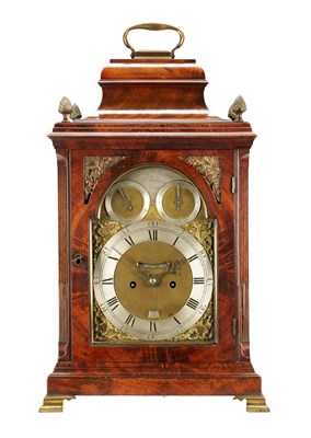 Lot 1187 - JOHN JARVIS, ST. JAMES STREET, LONDON. AN ENGLISH GEORGE III FLAMED MAHOGANY EIGHT-DAY BELL TOP VERGE BRACKET CLOCK