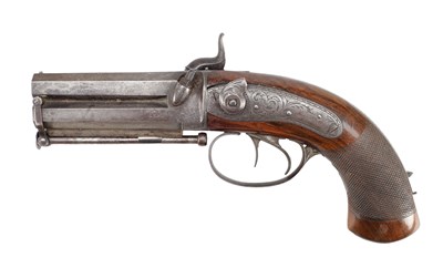 Lot 834 - A 19TH CENTURY IRISH PERCUSSION OVER AND UNDER DOUBLE BARRELLED PISTOL BY KAVANAGH, 11 DAME ST. DUBLIN