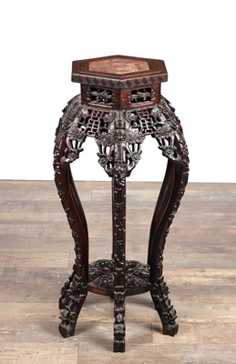 Lot A 19TH CENTURY CHINESE CARVED HARDWOOD AND MARBLE JARDINIERE STAND