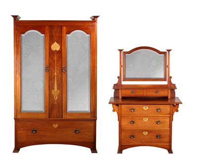 Lot AN EARLY 20TH CENTURY ART NOUVEAU GLASGOW SCHOOL INLAID WALNUT WARDROBE AND DRESSING TABLE