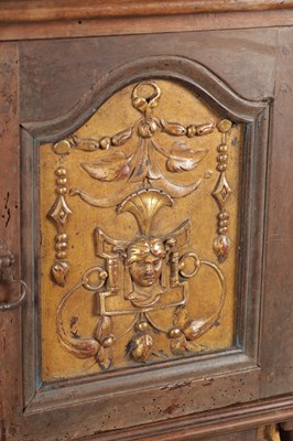 Lot 1524 - A 17TH CENTURY ITALIAN WALNUT AND PARCEL-GILT SIDE CABINET ON STAND