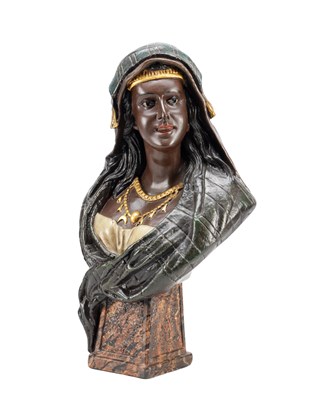 Lot 1012 - A 19TH/20TH CENTURY POLYCHROME PAINTED BUST OF AN ORIENTALIST SUBJECT ON A SIMULATED MARBLE PLINTH