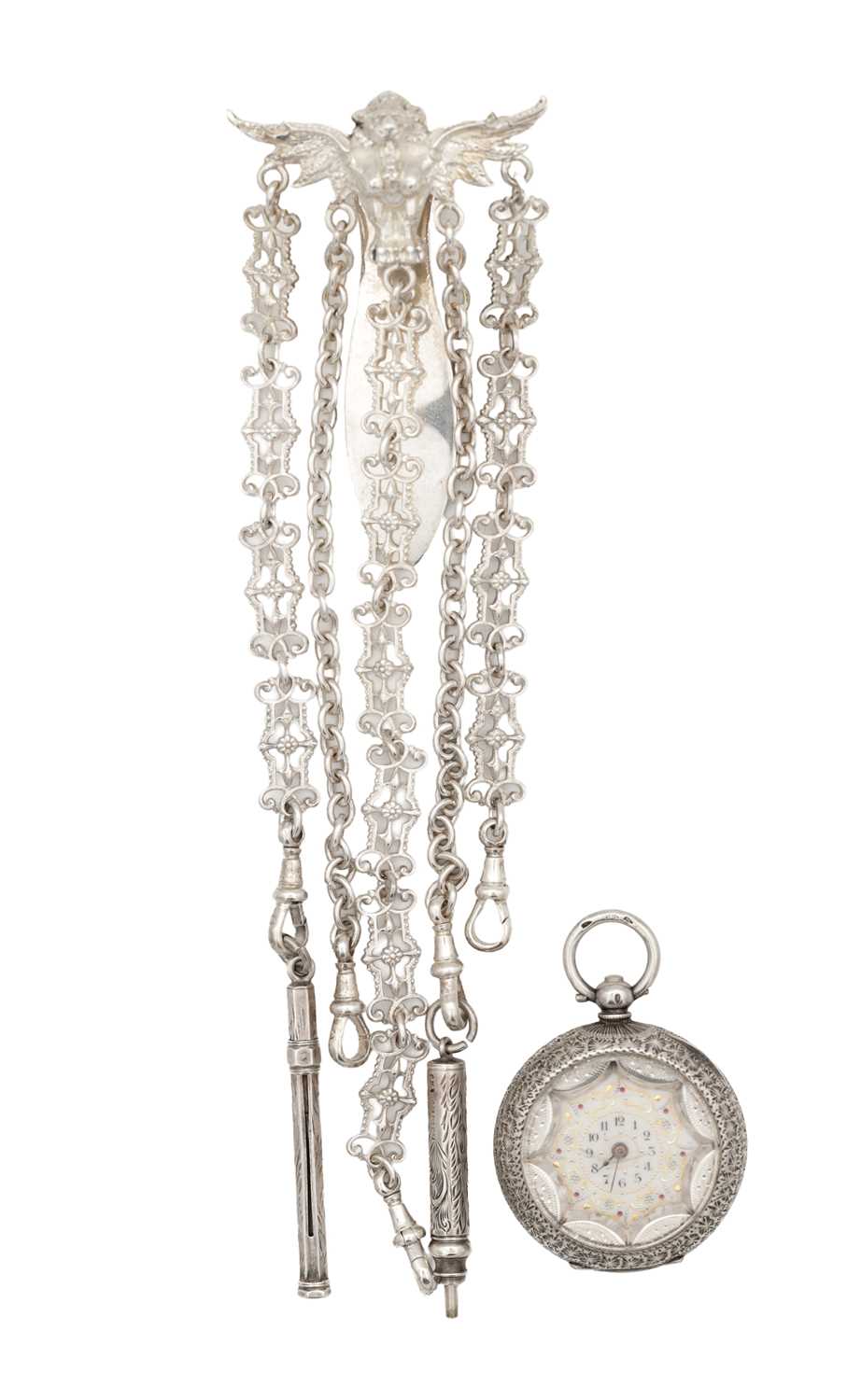 Lot 401 - A LATE 19TH CENTURY CONTINENTAL SILVER CHATELAINE AND A SILVER FOB WATCH