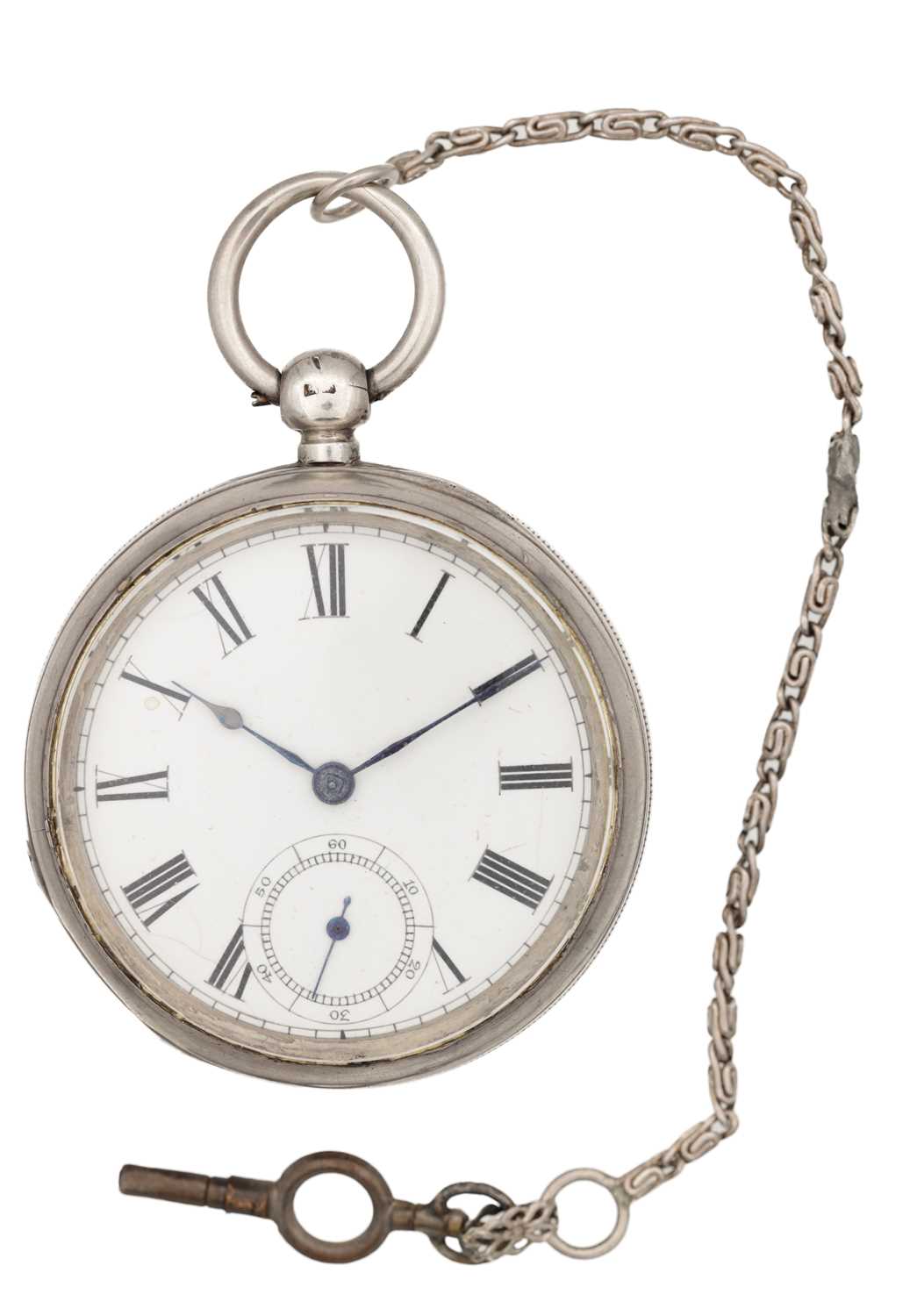 Lot 439 - AN 1885 WALTHAM SILVER OPEN-FACE KEY-WIND POCKET WATCH WITH CHAIN