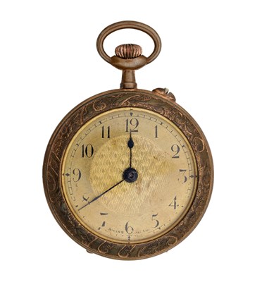 Lot 324 - AN ART NOUVEAU BRASS WATCH HOLDER AND POCKET WATCH