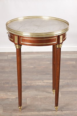 Lot 1604 - A LATE 19TH CENTURY FRENCH MAHOGANY AND BRASS MOUNTED GUERIDON WITH MARBLE TOP AND PIERCED GALLERY