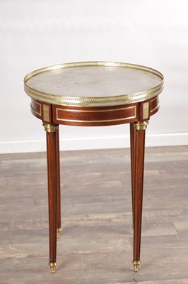 Lot 1604 - A LATE 19TH CENTURY FRENCH MAHOGANY AND BRASS MOUNTED GUERIDON WITH MARBLE TOP AND PIERCED GALLERY