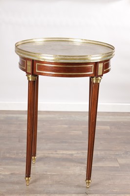 Lot 1604 - A LATE 19TH CENTURY FRENCH MAHOGANY AND BRASS MOUNTED GUERIDON WITH MARBLE TOP AND PIERCED GALLERY