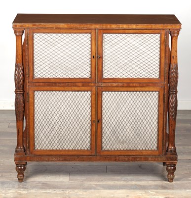 Lot 1505 - A REGENCY MAHOGANY SIDE CABINET WITH TRELLIS GRILLE DOORS
