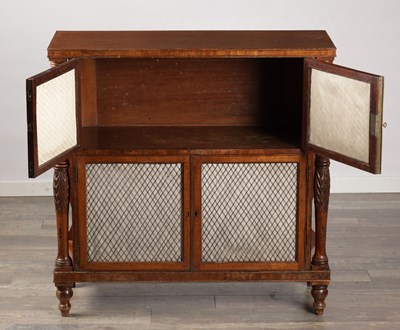 Lot 1505 - A REGENCY MAHOGANY SIDE CABINET WITH TRELLIS GRILLE DOORS