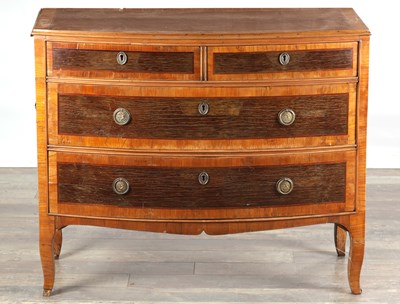 Lot 1537 - AN 18TH CENTURY CONTINENTAL ROSEWOOD AND SATINWOOD CROSS-BANDED BOW-FRONT CHEST OF DRAWERS