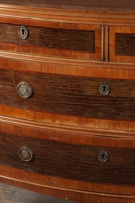 Lot 1537 - AN 18TH CENTURY CONTINENTAL ROSEWOOD AND SATINWOOD CROSS-BANDED BOW-FRONT CHEST OF DRAWERS
