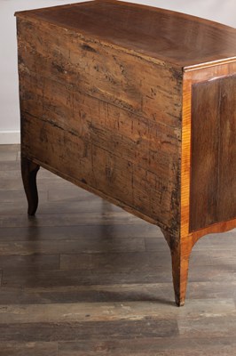 Lot 1537 - AN 18TH CENTURY CONTINENTAL ROSEWOOD AND SATINWOOD CROSS-BANDED BOW-FRONT CHEST OF DRAWERS