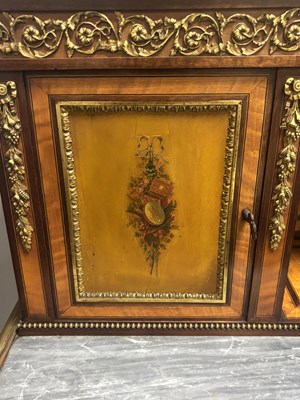 Lot 1535 - A FINE 19TH CENTURY FRENCH ORMOLU MOUNTED KINGWOOD AND PAINTED WRITING CABINET