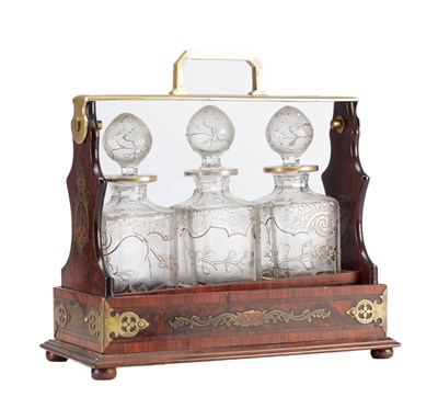 Lot 1052 - A FINE LATE 19TH CENTURY ROSEWOOD AND BRASS INLAID THREE BOTTLE TANTALUS
