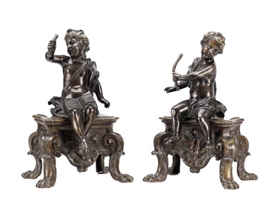 Lot 1056 - A PAIR OF LATE 19TH CENTURY PATINATED BRONZE CHENETS