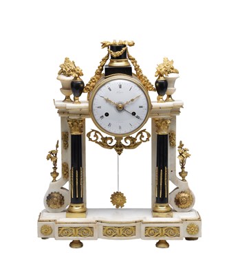 Lot 1361 - A 19TH CENTURY FRENCH WHITE MARBLE AND ORMOLU PORTICO MANTEL CLOCK WITH MONTH GOING MOVEMENT