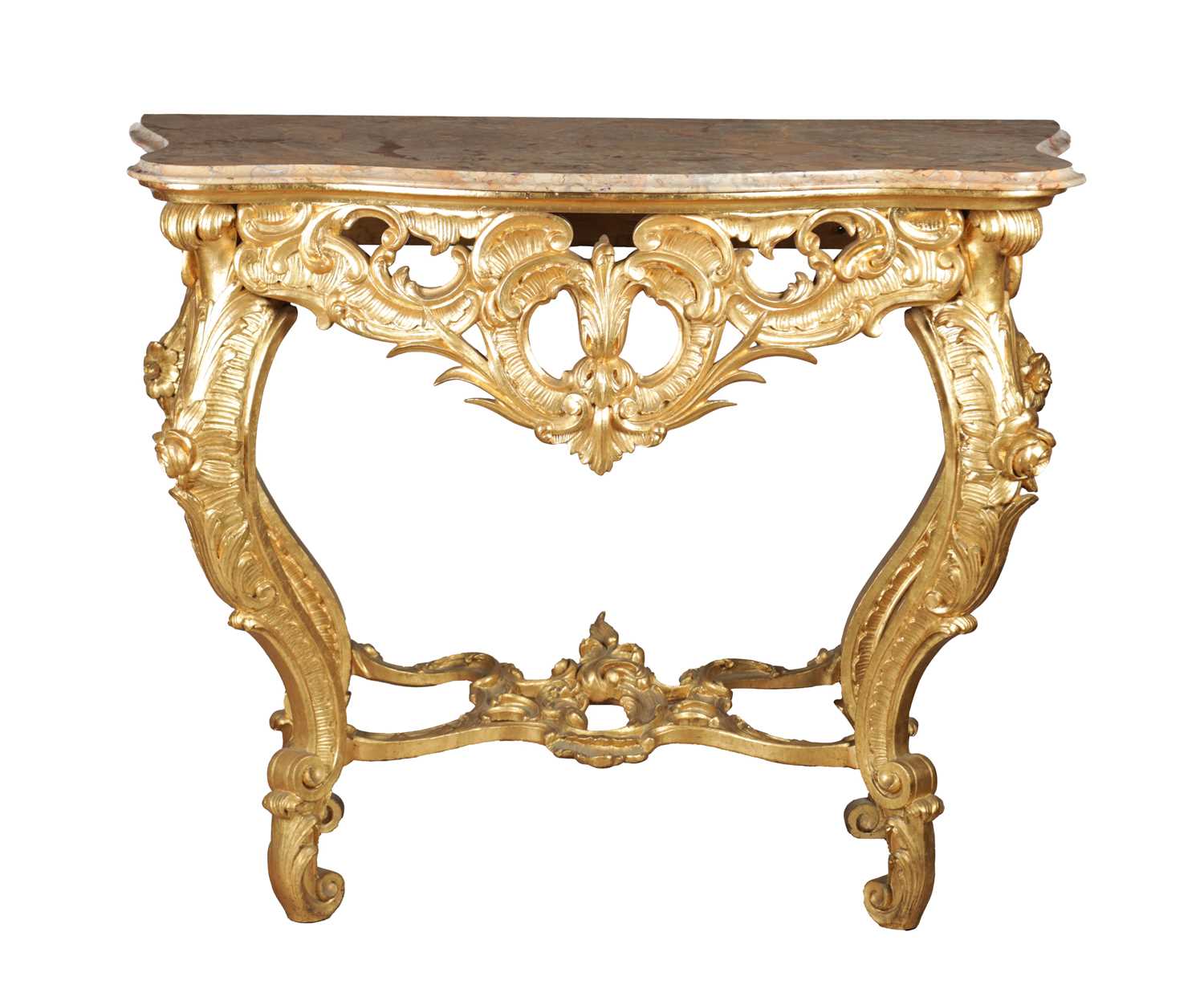 Lot 1501 - A 19TH CENTURY FRENCH GILTWOOD CONSOLE TABLE WITH MARBLE TOP