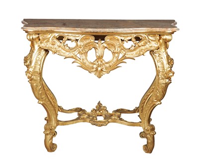Lot 1501 - A 19TH CENTURY FRENCH GILTWOOD CONSOLE TABLE WITH MARBLE TOP