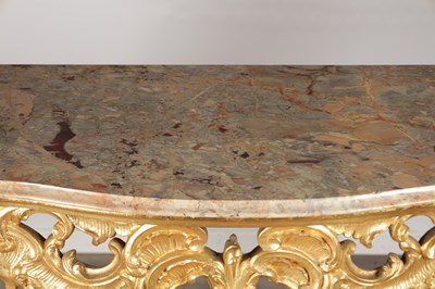 Lot 1501 - A 19TH CENTURY FRENCH GILTWOOD CONSOLE TABLE WITH MARBLE TOP